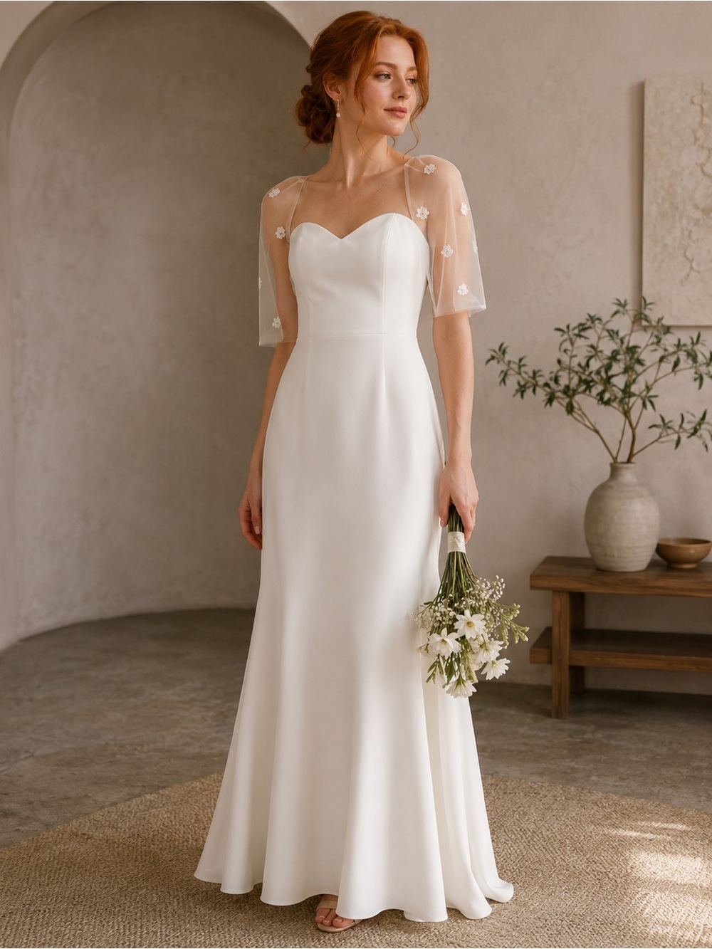 Elegant Ivory Bridal Gown with Sheer Embroidered Sleeves